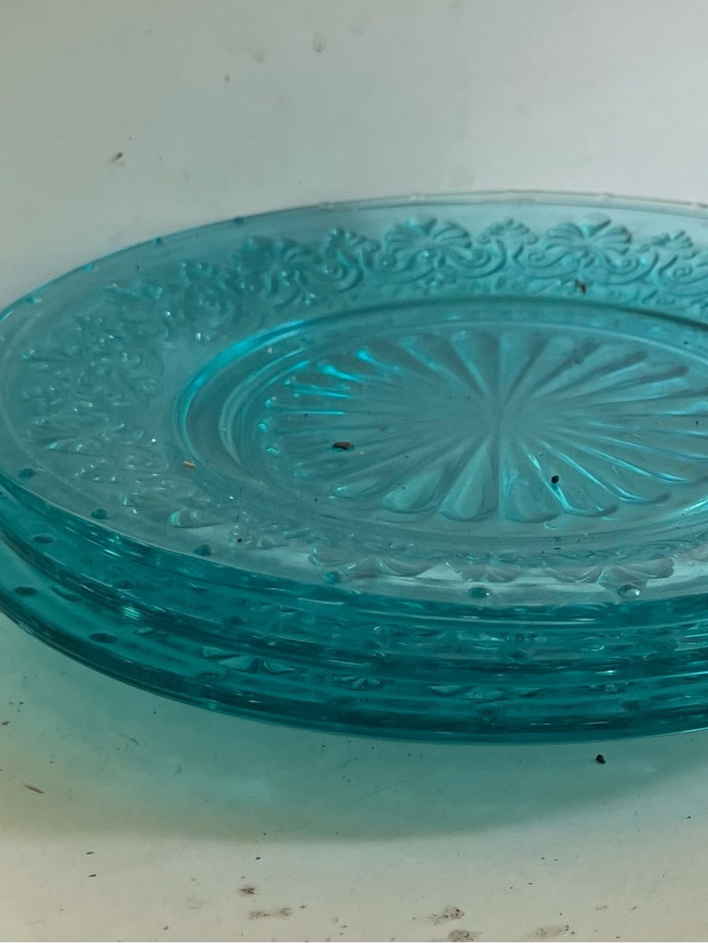 Set of Turquoise Pressed Glass Dessert Plates